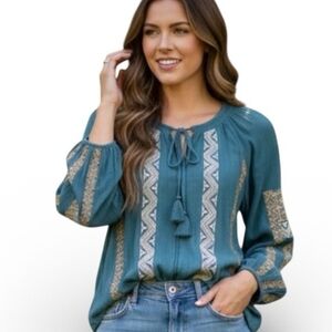 American Eagle Teal Embroidered Bohemian Blouse with Tassels